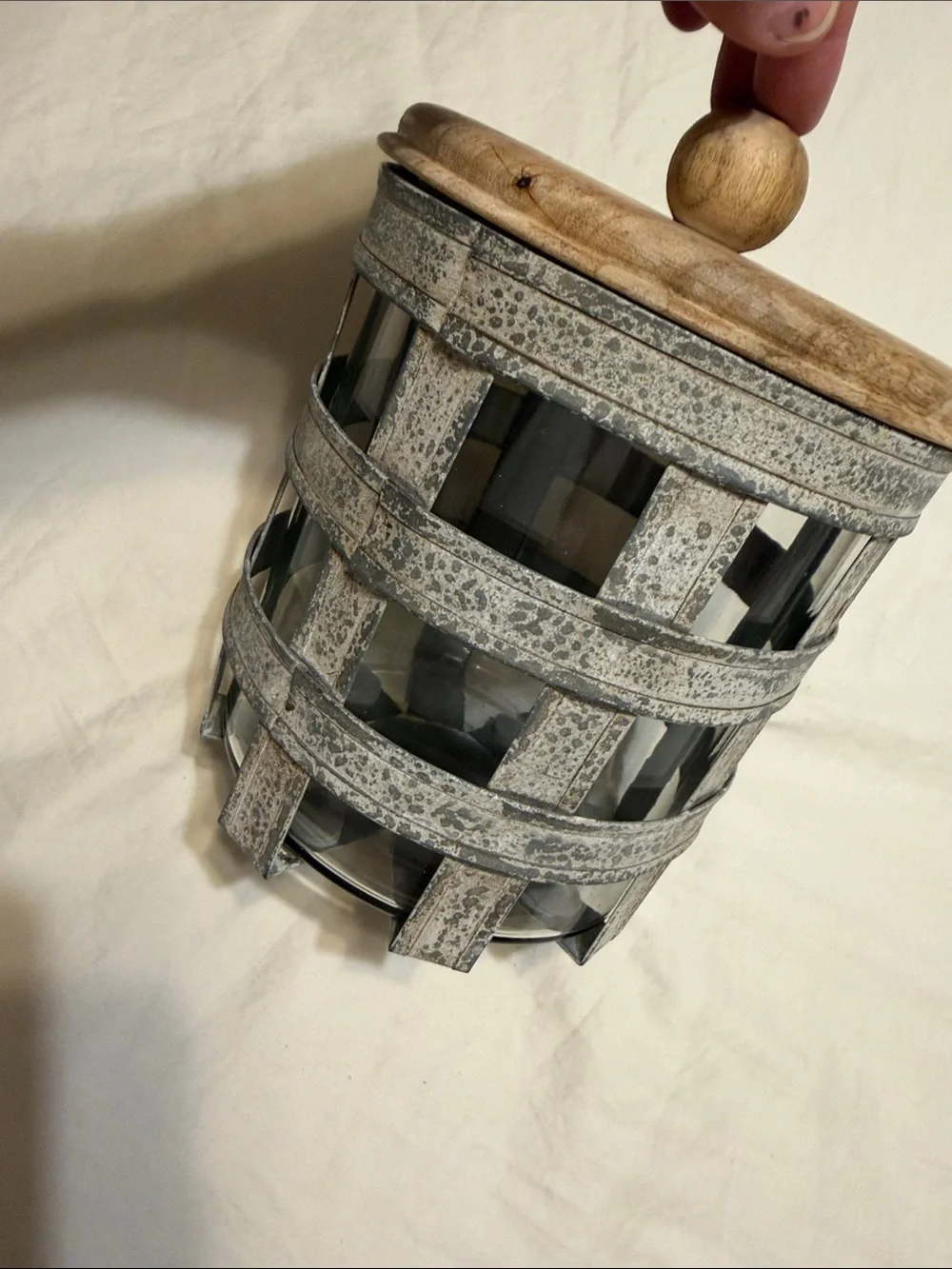 Pier 1 Gray Metal and Natural Wood Lidded Canister